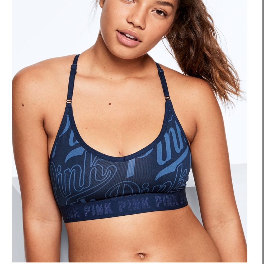 VS PINK Ult Lightly Lined Sports Bra Blue logo - Picture 7 of 7
